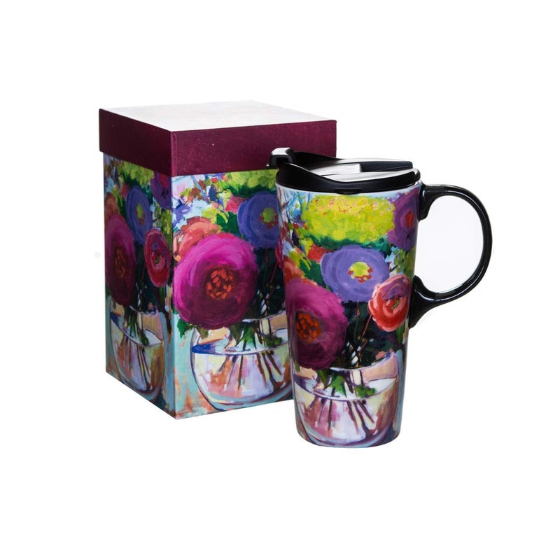 Topadorn Ceramic Travel Mug Large Coffee Mug with Lid & Handle, Ceramic Latte Mug with Matching Box, Flower - Image 1